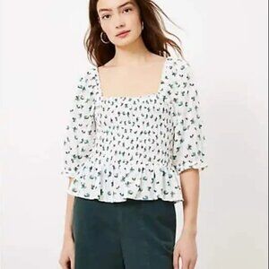 LOFT White Floral Peplum Ruched Top